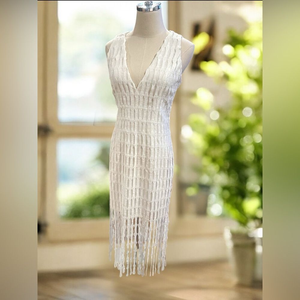 NWT Monique Lhuillier Embroidered Fringe Midi Cocktail Dress - Picture 3 of 16